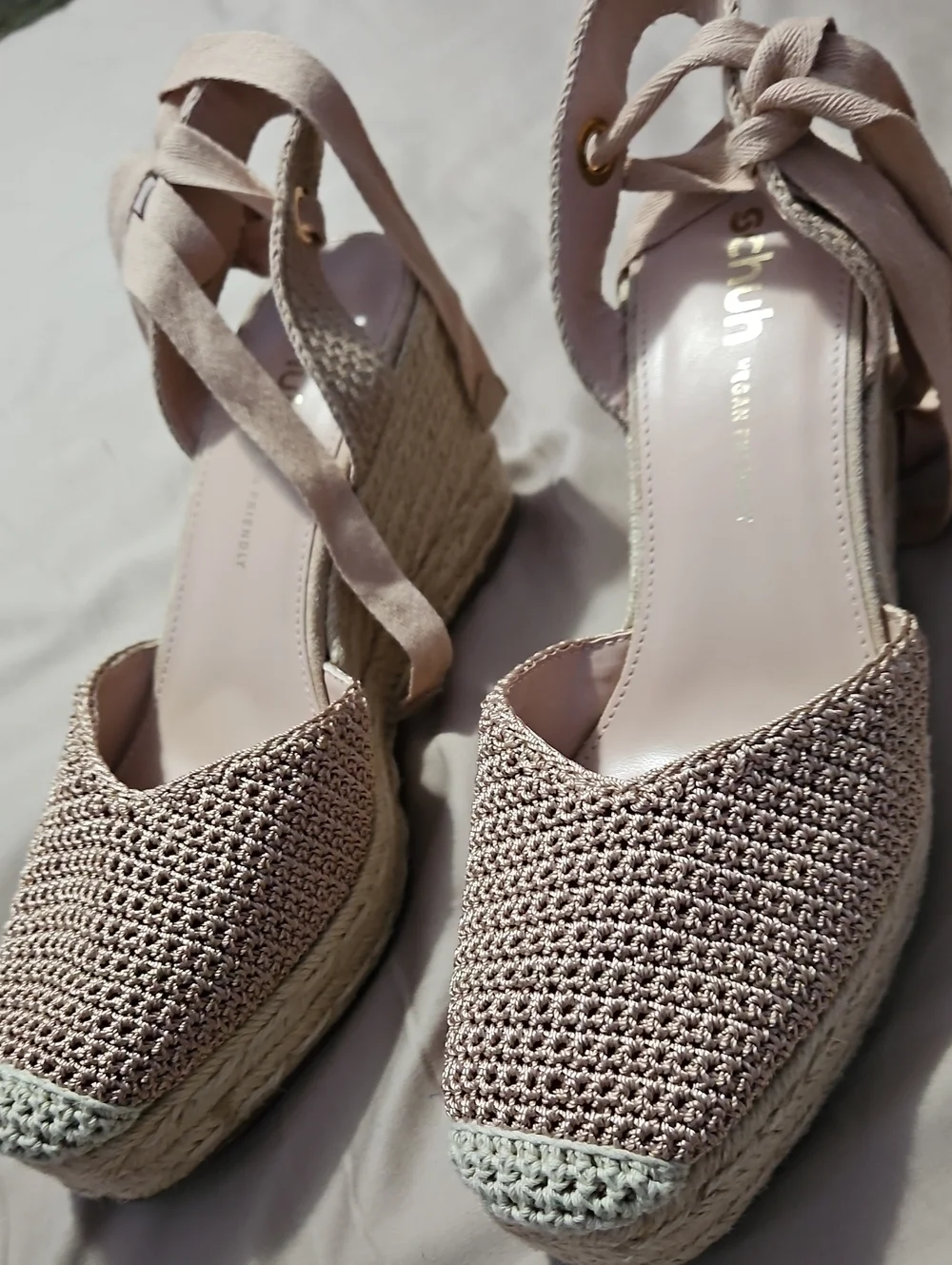Women's Tan Cream Schuh Velma Espadrille Wedge Sandals with Ankle Wrap Size 7